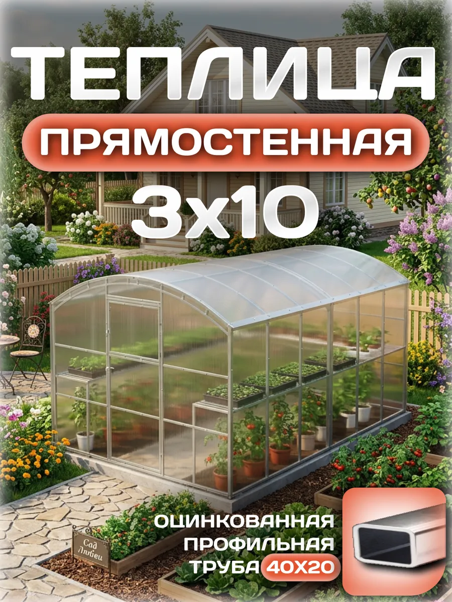 Теплица прямостенная 3х10 м, каркас 25х25, шаг дуг 0.65 м усиленная с поликарбонатом 4 мм, стандарт